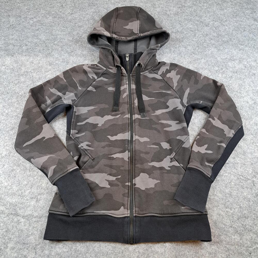 Athleta Hoodie Sweatshirt Womens Small Gray Camo Full Zip Fleece Lined Triumph